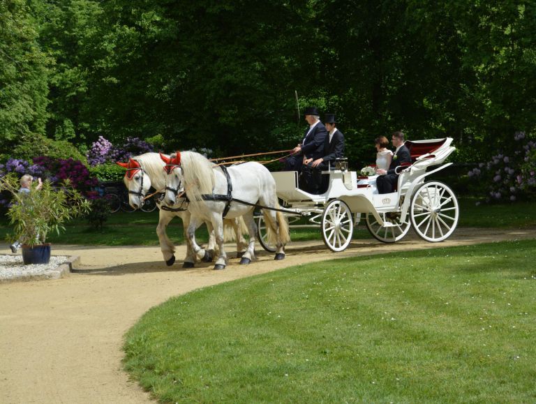 Hochzeitskutsche mit Brautpaar