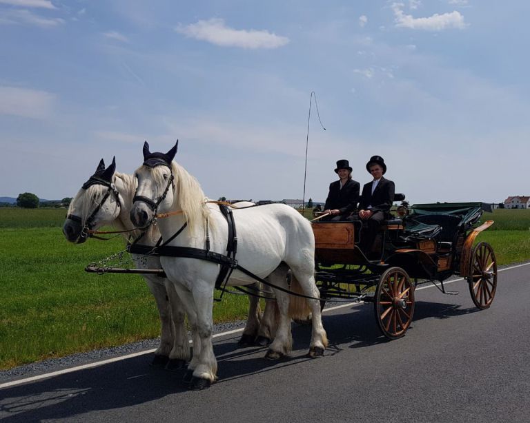 Hochzeitskutsche auf dem Weg zum Braurpaar